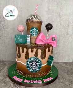 Starbucks Cake Design Ideas, Starbucks Inspired Cake, Starbucks Themed Birthday Cake, Starbucks Cakes Birthday, Starbucks Cake Topper, Wingstop Cake, Shopping Cake Ideas