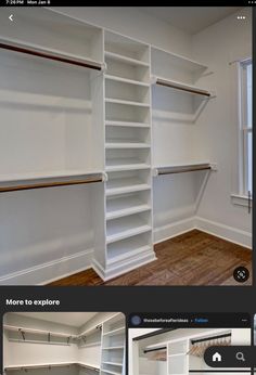 an empty room with white shelves and wood floors