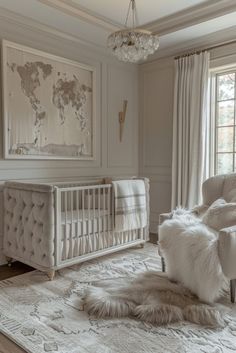 a baby's room with a crib, chair and rug