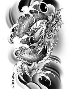 a black and white image of a dragon tattoo design