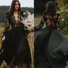 two photos of a woman in black dress holding flowers