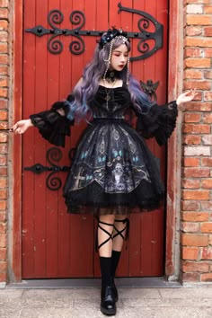 Clearance - Size XXL for Bust 94-96cm Butterfly Prints Gothic Dress Long Sleeves One Piece Organza Styles, Lace Lanterns, Butterfly Skull, Op Dress, Dark Gothic, Party Skirt, Gothic Dress, Lace Dress Black, One Piece Dress