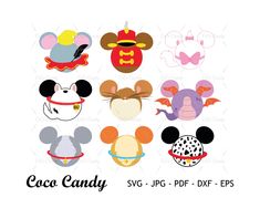 mickey mouse ears and other disney characters with the words cocoa candy svg - dxf