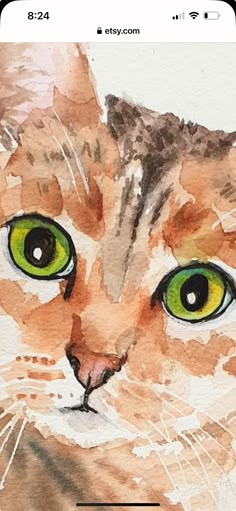 a watercolor painting of a cat with green eyes