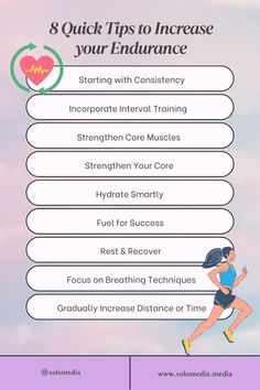 Looking to improve your endurance? 🏃‍♂️ These 8 quick tips will help you stay consistent, incorporate interval training, and fuel your body for success. From smart hydration 💧 to mastering breathing techniques, start building your stamina today and reach your fitness goals faster! 🌟

#EnduranceTraining #FitnessTips #RunningMotivation #HealthyHabits #WorkoutGoals