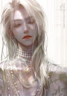 a digital painting of a woman with white hair and pearls on her neck, wearing necklaces