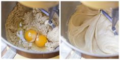 two pictures of eggs being made in a bowl with flour and other ingredients inside it