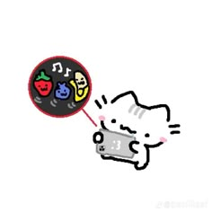 an image of a cat playing with a cell phone and music notes on it's ear