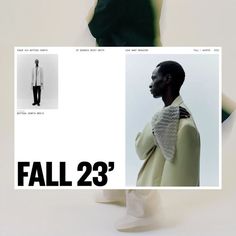 a man is standing in front of a white background with the words fall 28 on it