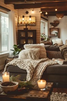 A beautifully decorated rustic living room featuring cozy winter decor ideas like plush throws, wooden accents, and seasonal touches creating a warm ambiance. Cozy Rustic Aesthetic, Soft Cozy Aesthetic, Cozy Hygge Living Room, Hygge Living Room, Rustic Wreaths, Cozy Winter Decor, Rustic Homes, Cozy Hygge, Winter Decorations