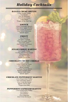 the holiday cocktail list is shown in front of a christmas tree