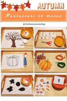 an autumn monterifying activity with pumpkins, leaves and other items on a tray