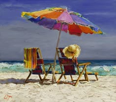 two chairs and an umbrella on the beach