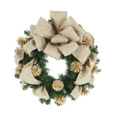 a christmas wreath with pine cones and burlucks on it's side