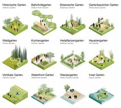 the different types of trees and people in various locations