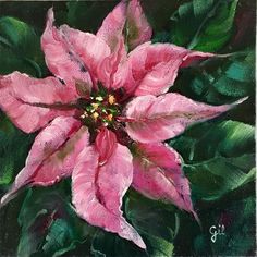 a painting of a pink flower with green leaves