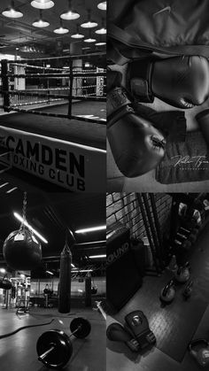 black and white photographs of boxing gloves, punching mitts, kickboxes in a gym