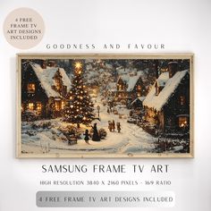 an advertisement for the samsung frame tv art project, featuring a christmas tree and village