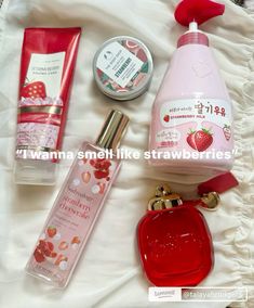 strawberries scent pink cute smell perfume lotion soap body wash You Smell Like Strawberries, Strawberry Moisturizer, Cute Perfumes, Strawberry Scented Products, Strawberry Body Wash, Strawberry Scents, Pink Body Care, Perfume Strawberry, Smell Like Strawberries