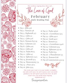 the love of god daily reading plan is shown in red and white with floral designs