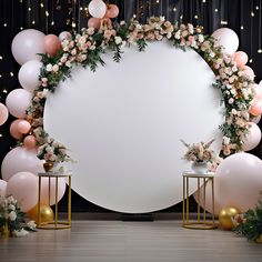 a large white circle surrounded by balloons, flowers and greenery in front of a black backdrop