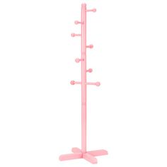 a pink coat rack with five hooks and two pegs on the top, in front of a white background