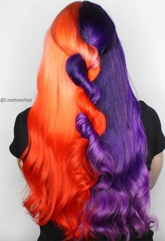 Half Orange Half Purple Hair, Purple And Orange Hair Split, Half Orange Hair, Orange And Purple Hair, Purple And Orange Hair, Halloween Hair Dye, Permanent Purple Hair Dye