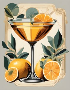 an orange cocktail in a coupe glass with leaves and lemons around it on a beige background