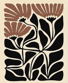 an art print with flowers and leaves in brown, black and white colors on a beige background