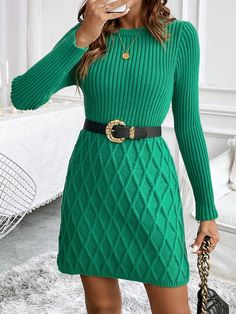 1pc Women Solid Color Round Neck Long Sleeve Simple Short Casual Sweater Dress Green Casual  Long Sleeve Fabric Plain  Non-Stretch  Women Clothing, size features are:Bust: ,Length: ,Sleeve Length: Cable Knit Jumper Dress, Clothes Rod, Sweater Dress Casual, Cable Knit Sweater Dress, Style Noir, Sweater Dress Women, Round Neck Sweaters, Knit Sweater Dress, Casual Sweaters