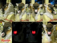 several pictures of an animal with red lights on it's eyes and head, in front of a bar