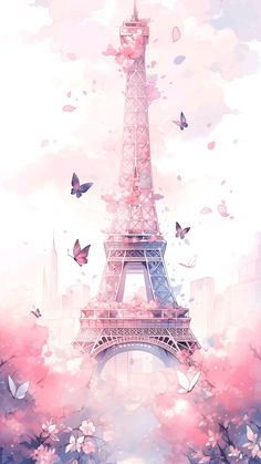 the eiffel tower is surrounded by pink flowers and butterflies in paris, france