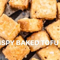 crispy baked tofu cubes on a grill with the words, crispy baked tofu