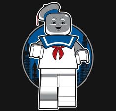 a lego man wearing a blue and white shirt with a red bow around his neck