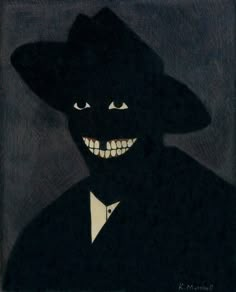 a drawing of a smiling man in a black suit and hat with big white teeth