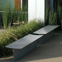 two benches sitting next to each other in front of some tall grass and plants on the side of a building