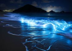 an ocean wave is breaking on the beach at night