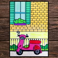 a pink scooter is parked in front of a brick building with a window