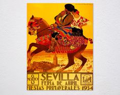 a woman riding on the back of a horse in front of a yellow background with spanish words