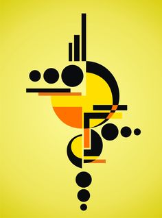 an abstract poster with black and yellow shapes