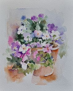 a watercolor painting of pansies in a pot