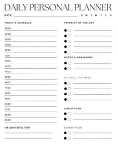 the daily personal planner is shown in black and white