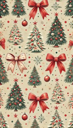 christmas trees with bows and baubles are on a beige background that has snowflakes