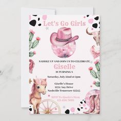 a pink cowgirl baby shower party card