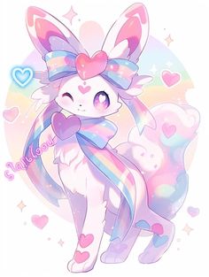 a cute little bunny sitting on top of a rainbow colored background with hearts and stars