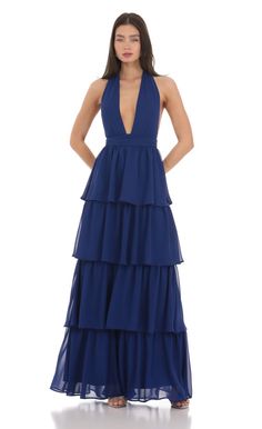 Chiffon Plunge Ruffle Dress in Blue Blue And Purple Dress, Bday Dresses, Blue Ruffle Dress, Bridesmaid Inspiration, Tutorials Drawing, Prom Dress Inspiration, Winter Formal, Empire Waist Dress, Casual Wedding