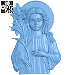 a 3d image of the virgin mary holding a flower in her right hand and a qr code above it