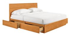 a bed with two drawers underneath it and a white sheet on the bottom half of the bed