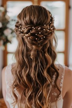 Wedding Hairstyles Pearl Pins, Wedding Hair Half Up Half Down With Flowers, Wedding Hair Down With Flowers, Down Wedding Styles, Half Up Half Down Styles, Down Styles, Braided Half Updo, Down Wedding Hairstyles, Hair Half Up Half Down