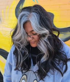 65 Trendsetting Gray Hair Color Ideas for Any Taste – HairstyleCamp Peekaboo Highlights For Grey Hair, Oil Slick Money Piece Hair, Gray Color Block Hair, Peekaboo Grey Hair, White Gray Highlights, Grey Streak In Front Of Hair, Blended Gray Hair With Highlights, White Hair Highlights Going Gray